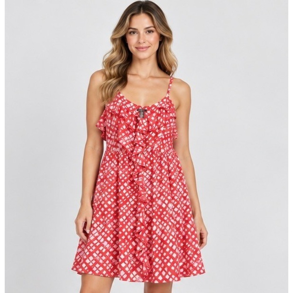 Lane Bryant Women 22/24 Pink Abstract Ruffle Chiffon Boho Summer Sun Dress